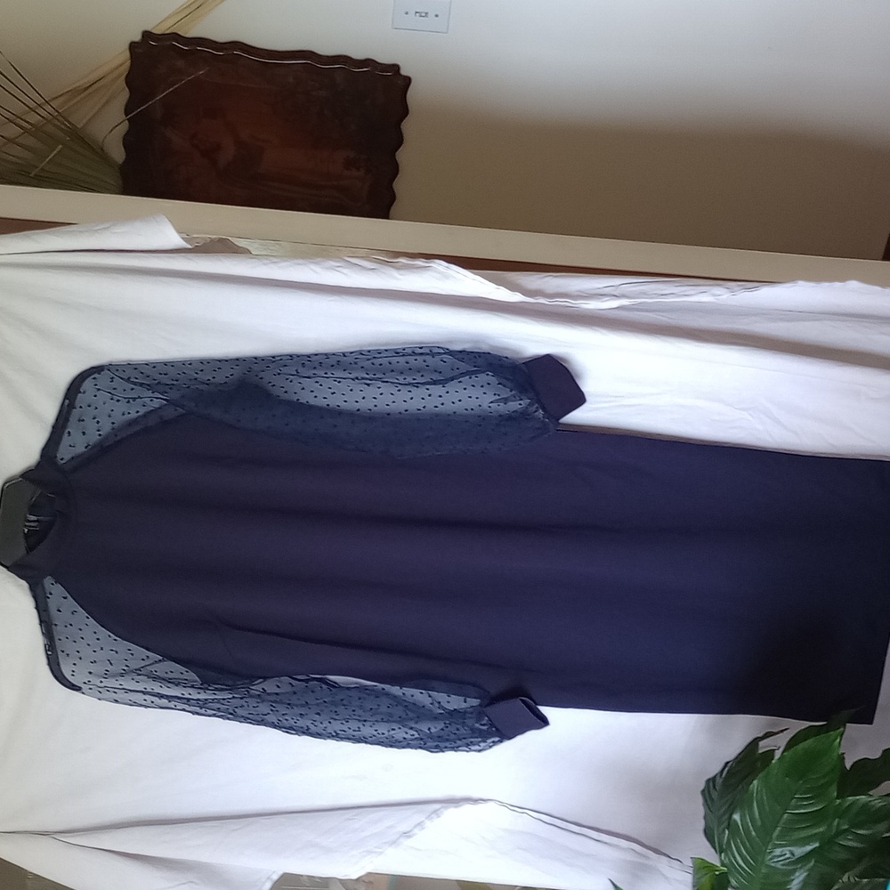 Navy blue dress sheer dotted sleeves